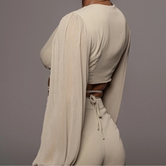 JLUXLABEL Two Piece Olive Green Sage Wrap Wide Leg Set - Picture 3 of 14